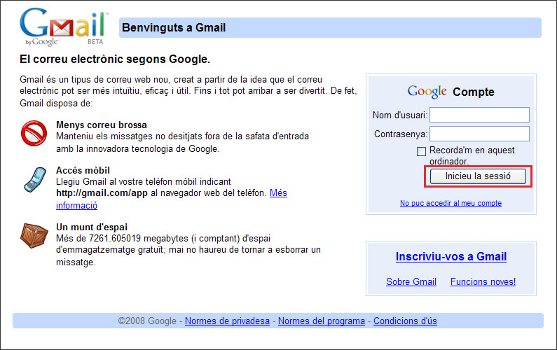 Captura Benvinguts a Gmail