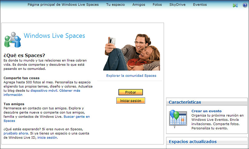Captura página principal Windows Live Spaces