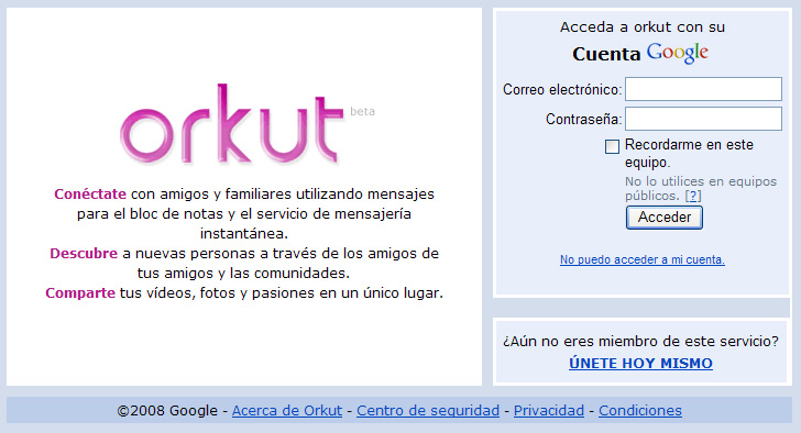 Captura página principal Orkut
