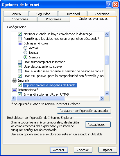 Captura del apartado imprimir de la ventana Opciones de internet