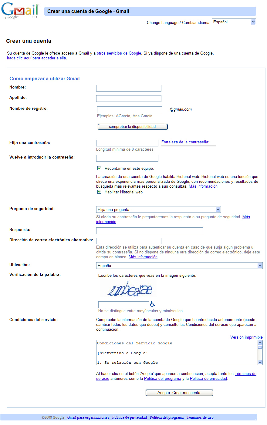 Captura formulario Gmail
